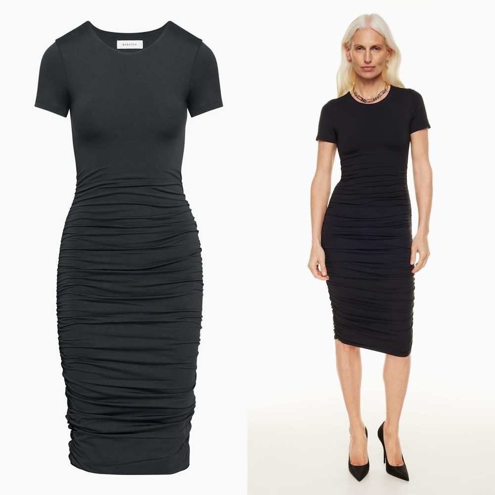 Babaton Aritzia Black Contour Ruched T-Shirt Midi Dress XL Formal Classic